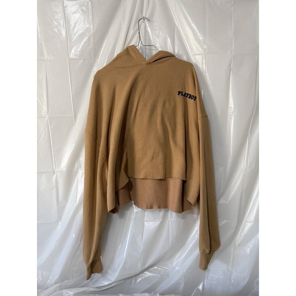 Playboy x Missguided Hoodie Womens US 12 UK 16 Oversized Cropped Tan Graphic
